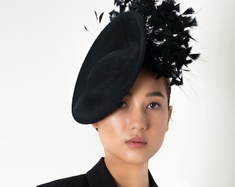 Stylish Felt Saucer Hat with Feathers, Asymmetrical Brim, Elegant Modern Style Hat for Weddings and Ladies Days - Sami