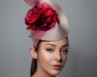 Hat for The Races, Wedding Guest Millinery, Headpiece with Feather Flowers, Straw Hat - Ceri