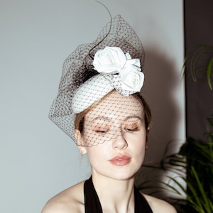 Modern Veil Hat, Silk Rose Cocktail Hat, Ascot Millinery, Birdcage Veil Fascinate - Selene