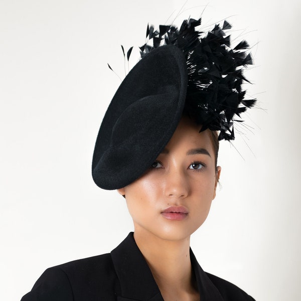 Stylish Felt Saucer Hat with Feathers, Asymmetrical Brim, Elegant Modern Style Hat for Weddings and Ladies Days - Sami