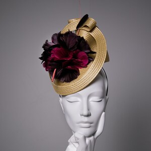 Hat for The Races, Garden Parties, Wedding Millinery, Headpiece with Feather Flowers Mae image 2