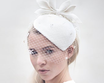 Birdcage Veil Cocktail Hat, Felt Hat, Vintage Style Wedding Perch Hat with Designer Leaf Detail - Siobhán