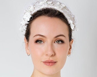 Veil Headpiece with Lace Flowers, Wedding Headband, Modern Millinery, Off White - Ianthia