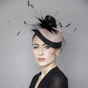 Veiled Hat for The Races, Garden Parties, Wedding Millinery, Headpiece with Feathers - Rose Splash
