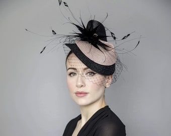 Veiled Hat for The Races, Garden Parties, Wedding Millinery, Headpiece with Feathers - Rose Splash