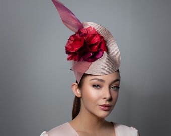 Hat for The Races, Wedding Guest Millinery, Headpiece with Feather Flowers, Straw Hat - Ceri