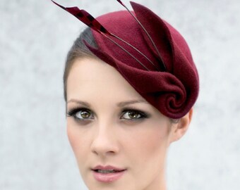 Fascinator Cocktail Hat with Feathers, Sculpted Felt Headpiece, Mini Hat, Ascot Hat - Louisa