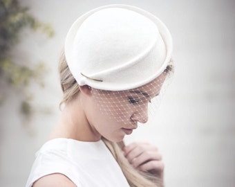 Wedding Birdcage Veil Hat, Custom Made Felt Bridal Cocktail Hat, Brides Percher, Fascinate - Morven