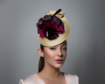 Hat for The Races, Garden Parties, Wedding Millinery, Headpiece with Feather Flowers - Mae