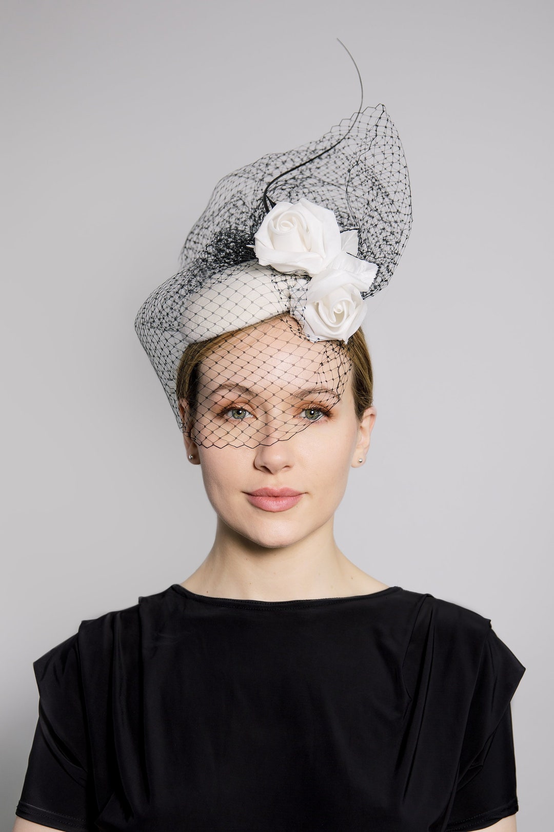 Modern Veil Hat, Silk Rose Cocktail Hat, Ascot Millinery, Birdcage Veil