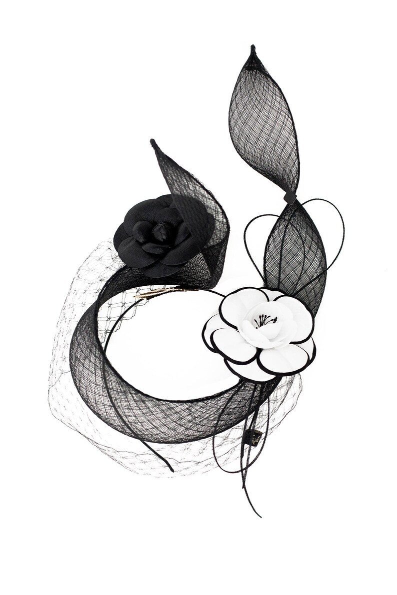 Black and White Fascinator Camellia Flower Whimsy Veiled Etsy