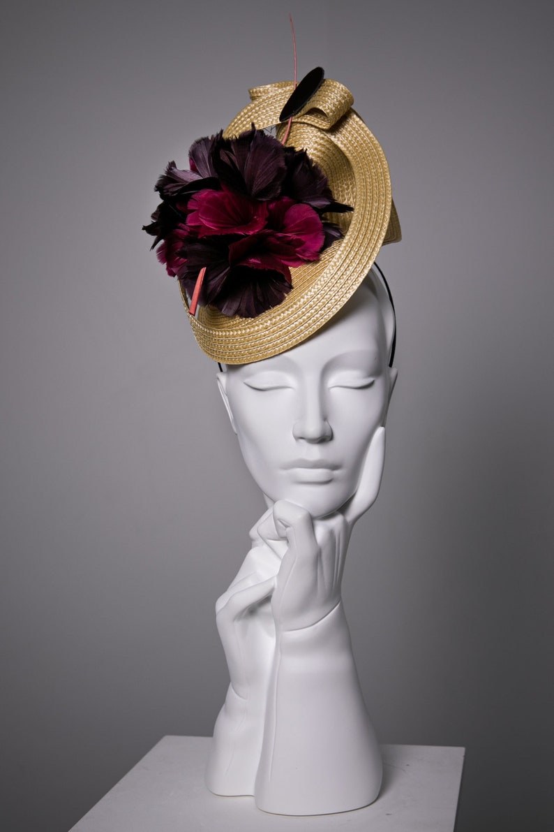 Hat for The Races, Garden Parties, Wedding Millinery, Headpiece with Feather Flowers Mae image 2