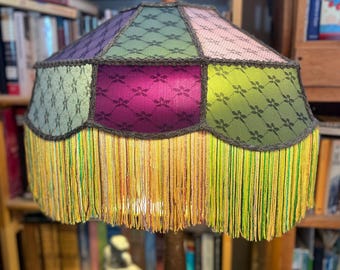 Antique hand beaded silk lampshade with glass bead fringe