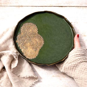 Handmade Green Porcelain Plate, Antique Detail, Decorative Serving Plate