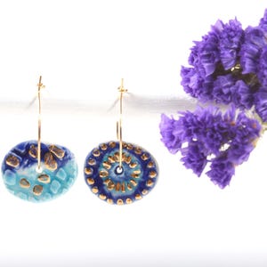 Mismatched Porcelain Earrings: Blue & Gold Ceramic Jewelry
