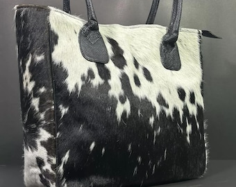 Bolso tote de piel de vacuno: bolso con estampado en blanco y negro