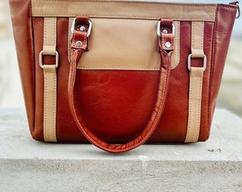 Bolso tote de piel auténtica: bolso de mano estructurado en dos tonos con cierre