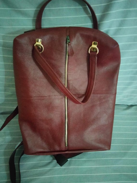 Burgundy Cowhide Leather Backpack: Women display picture 1