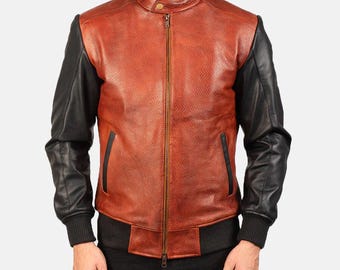 Chaqueta bomber de cuero negra y granate para hombre: elegante prenda de abrigo para el invierno