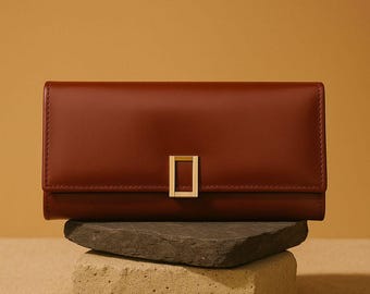 Cartera de mano de piel marrón hecha a mano – Monedero largo de piel de vacuno, diseño minimalista para mujer