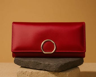 Cartera de mano de piel roja hecha a mano – Monedero largo de piel de vacuno, diseño minimalista
