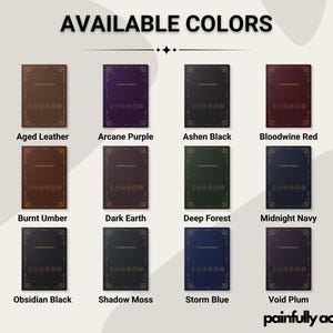 a collection of colored book covers, each with a unique design and color scheme. The books are arranged in a grid format, with four rows and three columns. The available colors for the books are Aged Leather, Arcape Purple, Ashen Black, Bloodwine Red, Burnt Umber, Dark Earth, Deep Forest, Midnight Navy, Obsidian Black, Shadow Moss, Storm Blue, and Void Plum.