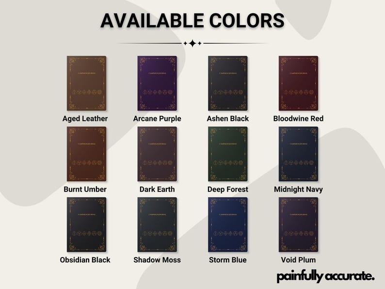 a collection of colored book covers, each with a unique design and color scheme. The books are arranged in a grid format, with four rows and three columns. The available colors for the books are Aged Leather, Arcape Purple, Ashen Black, Bloodwine Red, Burnt Umber, Dark Earth, Deep Forest, Midnight Navy, Obsidian Black, Shadow Moss, Storm Blue, and Void Plum.