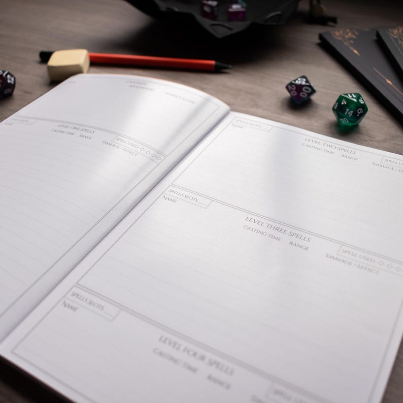 An open notebook with a list of spells and their corresponding levels, along with a pen and a red pencil on a wooden surface.