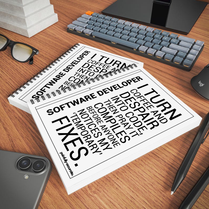 a desk with various office supplies and a spiral notebook with a humorous message printed on it.