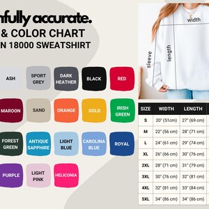 The image is a size and color chart for a GILLETTE 1800 sweatshirt, showing the different color options and corresponding measurements.
