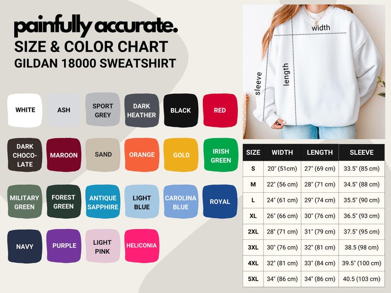 The image is a size and color chart for a GILLETTE 1800 sweatshirt, showing the different color options and corresponding measurements.