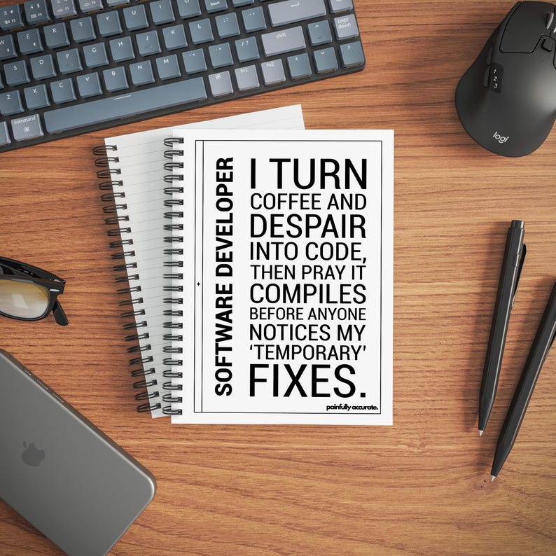 a desk with various office supplies, including a spiral notebook, a keyboard, a mouse, and a pair of glasses. The desk also has a pen and a pen holder. The main focus of the image is a humorous quote about software development, which is displayed on a piece of paper or a notebook.