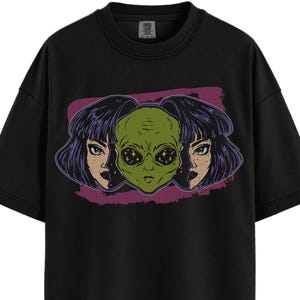 Alien T-shirt, Unisex Garment-Dyed Tee, UFO Lover Gift, Space Theme Shirt, Trippy Alien T-shirt, Retro Alien Shirt, Cosmic Retro Shirt