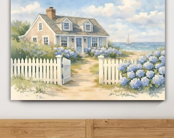 New England Cottage Canvas Wall Art, Coastal Beach House Home Decor Seaside Print