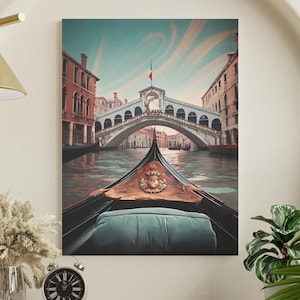 Venice Rialto Bridge, Canvas Ready to Hang Wall Art, Italian Gondola with Retro Hues, Venice Italy Home Decor, Mystical Venezia Grand Canal