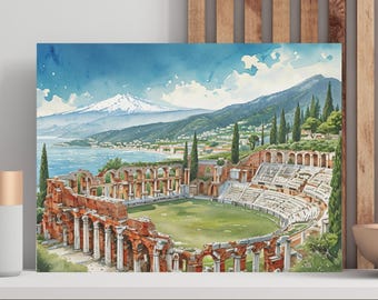 Taormina Sicily Canvas Wall Art: Ancient Greek Theatre Watercolor Nature Landscape Print