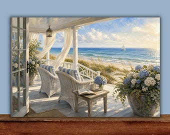 Beach House Porch Art, Coastal Cottage Canvas Print with Ocean Views and Blue Hydrangeas