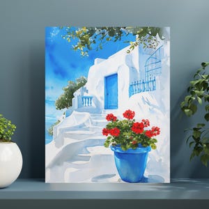 Greek Canvas Wall Art, Greece Blue Watercolor, Ready to Hang, Interior Home Wall Decor, Beach House Decor, Mediterranean Coastal Blue Art
