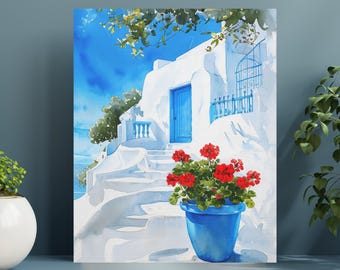 May include: Watercolor painting of a white building with a blue door and red flowers in a blue pot. The building is on a hill with steps leading up to it. The sky is blue and there are trees in the background.