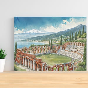 Taormina Sicily Ready to Hang Canvas Wall Art, Ancient Greek Theatre Watercolor, Italy Landscape Decor, European Artful Decor, Ai Wall Art