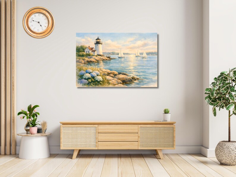 May include: Watercolor painting of a coastal scene featuring a lighthouse, sailboats, and blue hydrangeas. The artwork depicts a serene seascape with a lighthouse on a rocky shore under a blue sky. The painting is displayed above a wooden cabinet.