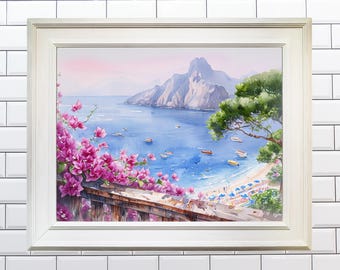 Capri Italien Aquarell Druck, Amalfi Küste Küsten Wand Kunst, Mittelmeer Blick Druckbar, Italienische Strand Landschaft Download