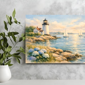 May include: Coastal landscape art print featuring a white lighthouse with a black top, a small house, and sailboats on the water. The scene includes blue and white hydrangeas, rocks, and a blue sky with clouds. The artwork evokes a serene, nautical theme.