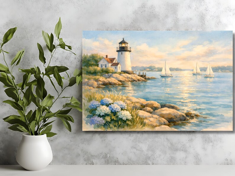 May include: Coastal landscape art print featuring a white lighthouse with a black top, a small house, and sailboats on the water. The scene includes blue and white hydrangeas, rocks, and a blue sky with clouds. The artwork evokes a serene, nautical theme.