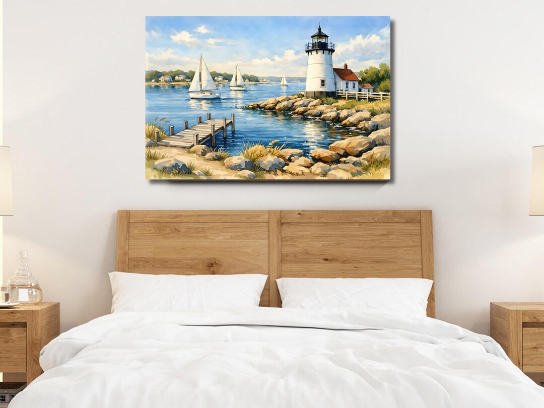 Coastal Lighthouse Canvas Wall Art, New England Nautical Watercolor ...