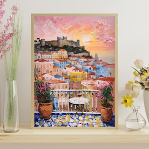 Lisbon Portugal Travel Poster, Europe Cityscape Travel Wall Art, Vibrant Lisbon Scene Digital Download, Portugal Souvenir, Watercolor Lisbon city with tiles and rooftop with view of the castle at sunset wall art