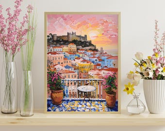 Lisbon Portugal Watercolor Print, Colorful Portuguese Cityscape Decor, European Travel Art Digital Download