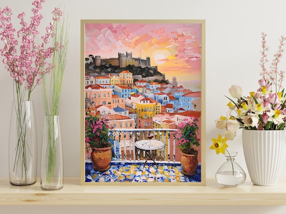 Lisbon Portugal Watercolor Print, Colorful Portuguese Cityscape Decor, European Travel Art Digital Download