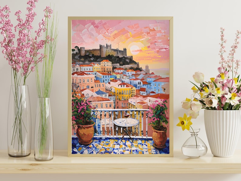 Lisbon Portugal Travel Poster, Europe Cityscape Travel Wall Art, Vibrant Lisbon Scene Digital Download, Portugal Souvenir, Watercolor Lisbon city with tiles and rooftop with view of the castle at sunset wall art