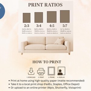 K&ouml;nnte beinhalten: Eine informative Grafik mit dem Titel PRINT RATIOS zeigt vier rechteckige Seitenverh&auml;ltnisse: 2:3, 3:4, 4:5 und 5:7 mit entsprechenden metrischen Ma&szlig;en. Darunter befindet sich ein Bereich HOW TO PRINT mit vier Symbolen: herunterladen, drucken, rahmen und anzeigen.